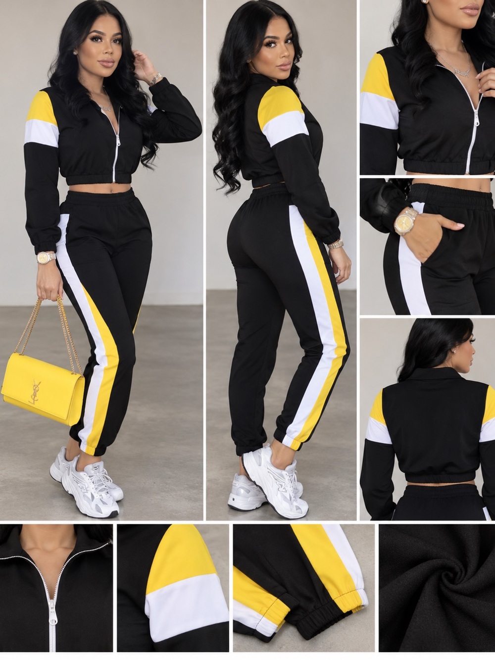 Women's Black, Yellow & White Colorblock Cropped Track Jacket with Joggers